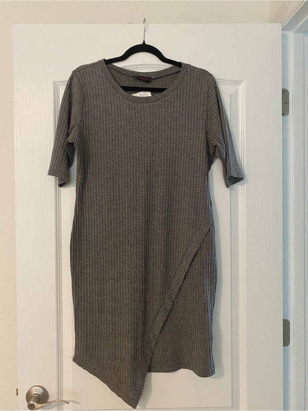 Annabelle Ribbed Gray Asymmetric Midi Dress